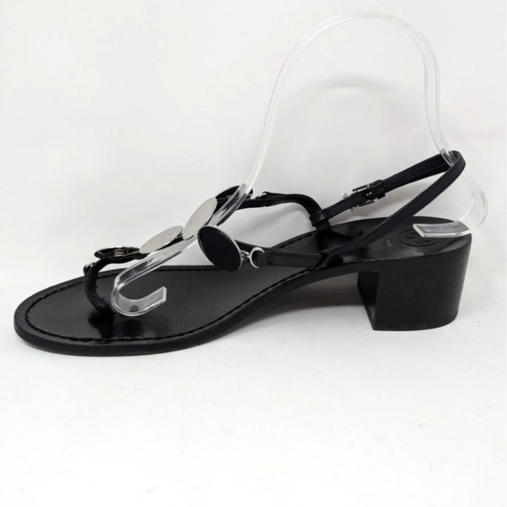 Tory Burch Black Leather Summer Sandals Silver Disc Heels Size 9 - Picture 15 of 16